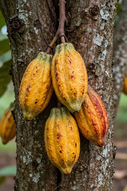 Yellow and red ripening cacao pods grow directly from a textured, lichen-speckled cacao tree trunk