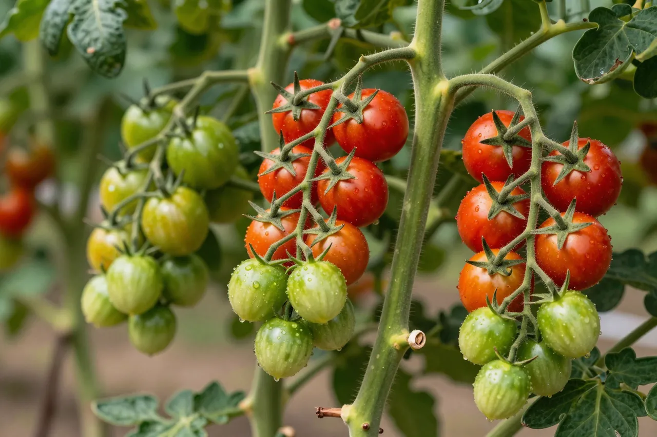 Clusters of green, orange, and red cherry tomatoes with water droplets grow on a fuzzy vine against soft blurred foliage.