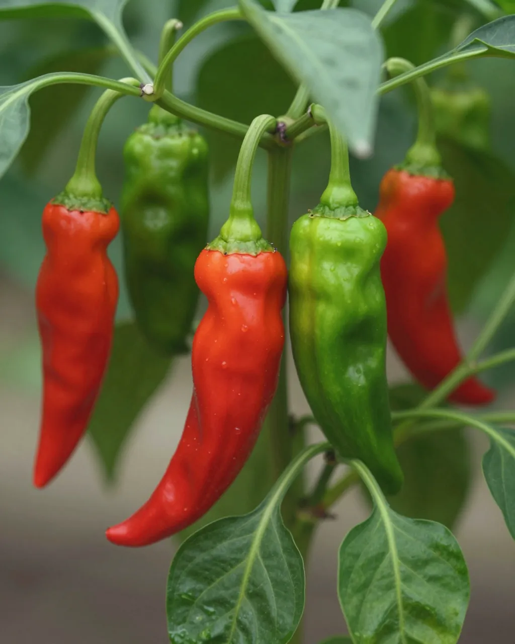 Close-up of red and unripe green chili peppers hanging from a leafy pepper plant stem