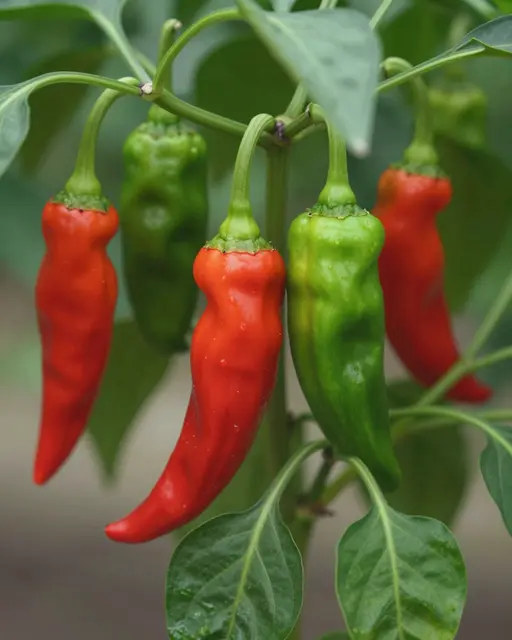 Close-up of red and unripe green chili peppers hanging from a leafy pepper plant stem