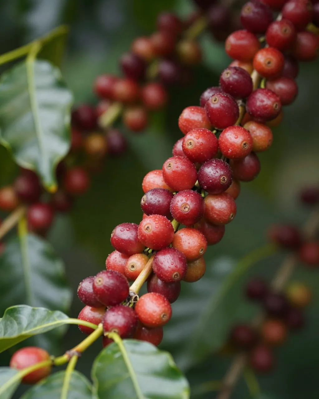 Close-up of glossy ripening red coffee cherries clustered on a branch with waxy green leaves.