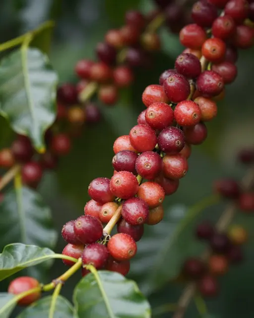 Close-up of glossy ripening red coffee cherries clustered on a branch with waxy green leaves.