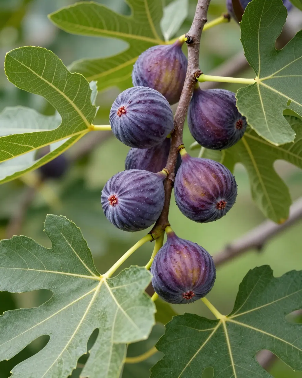 Close up of a fig tree branch holding plump purple ripening figs and broad lobed green leaves.