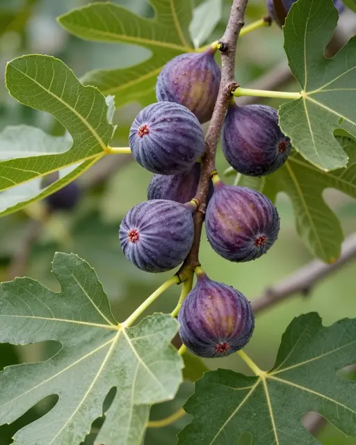 Close up of a fig tree branch holding plump purple ripening figs and broad lobed green leaves.