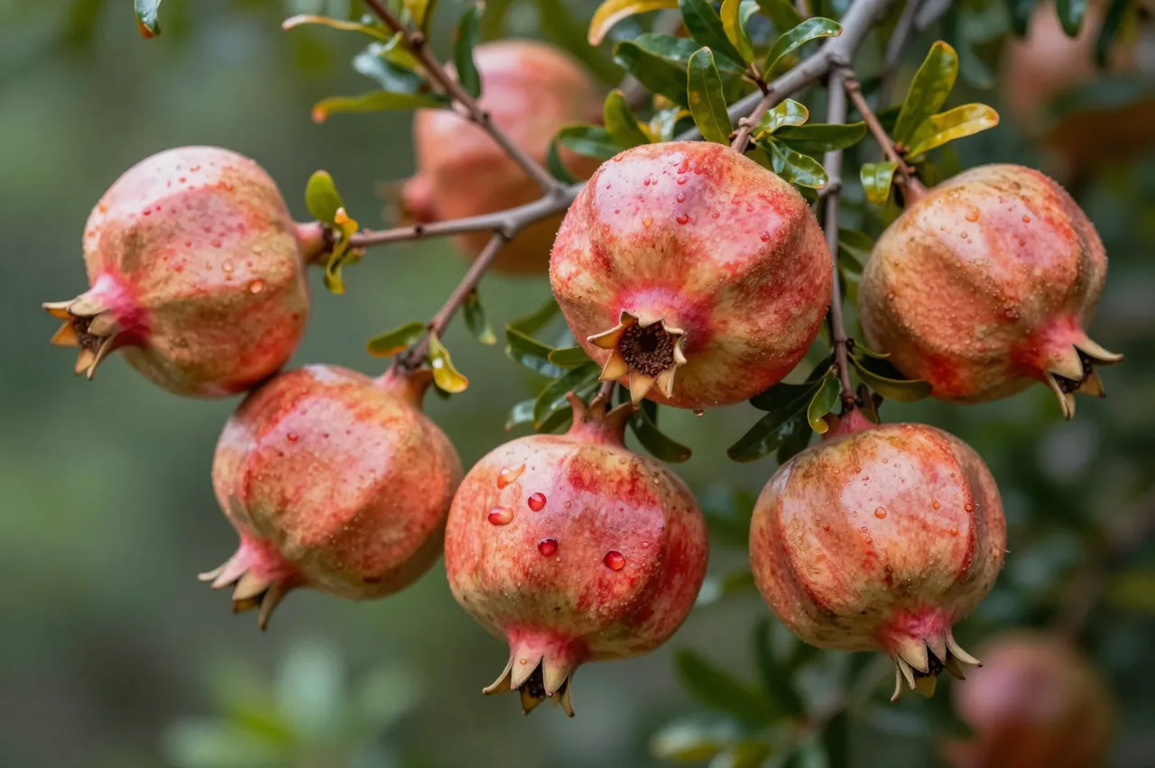 Ripening pomegranates dotted with water droplets hang from a leafy pomegranate tree branch against blurred green foliage.