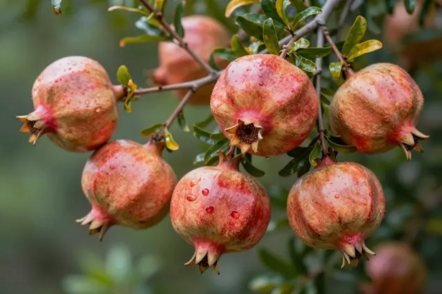 Ripening pomegranates dotted with water droplets hang from a leafy pomegranate tree branch against blurred green foliage.