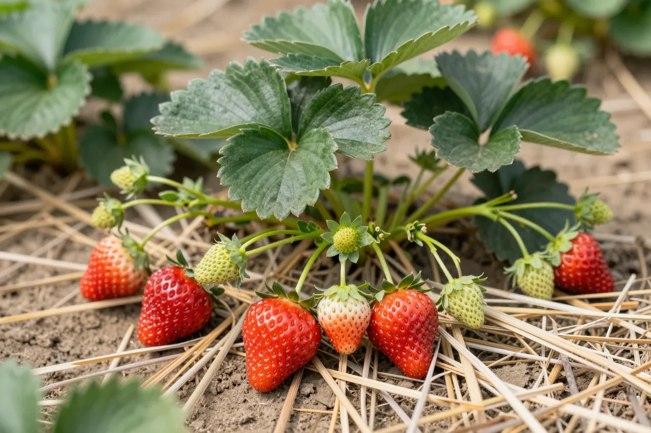 Strawberry plants with ripe red and unripe green berries grow on straw mulch in a garden bed