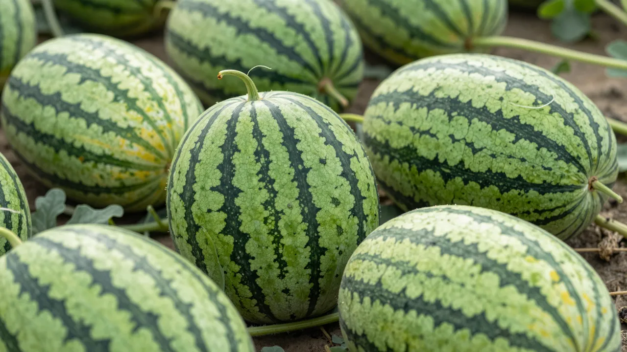 Striped watermelons rest on vine stems atop dirt in a growing farm field.