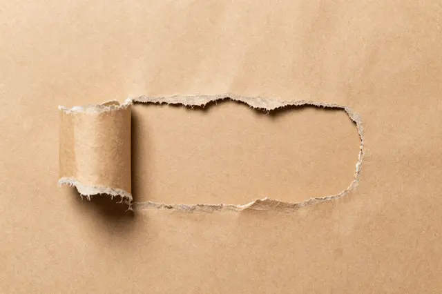 Torn brown kraft paper with a curled torn flap and rough frayed edges across the frame.