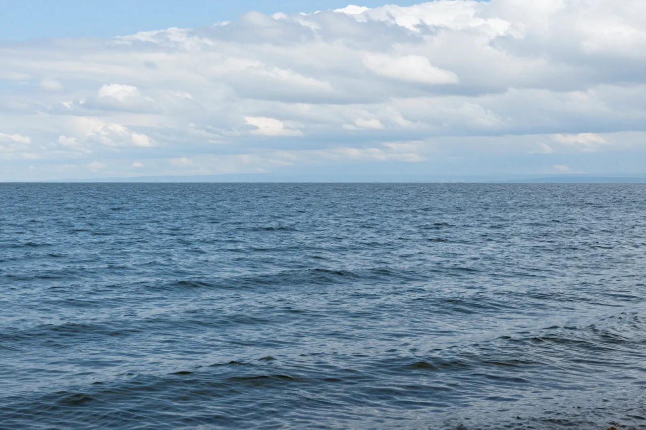 Gentle wind ripples stretch across a blue lake beneath a sky of soft white cumulus clouds