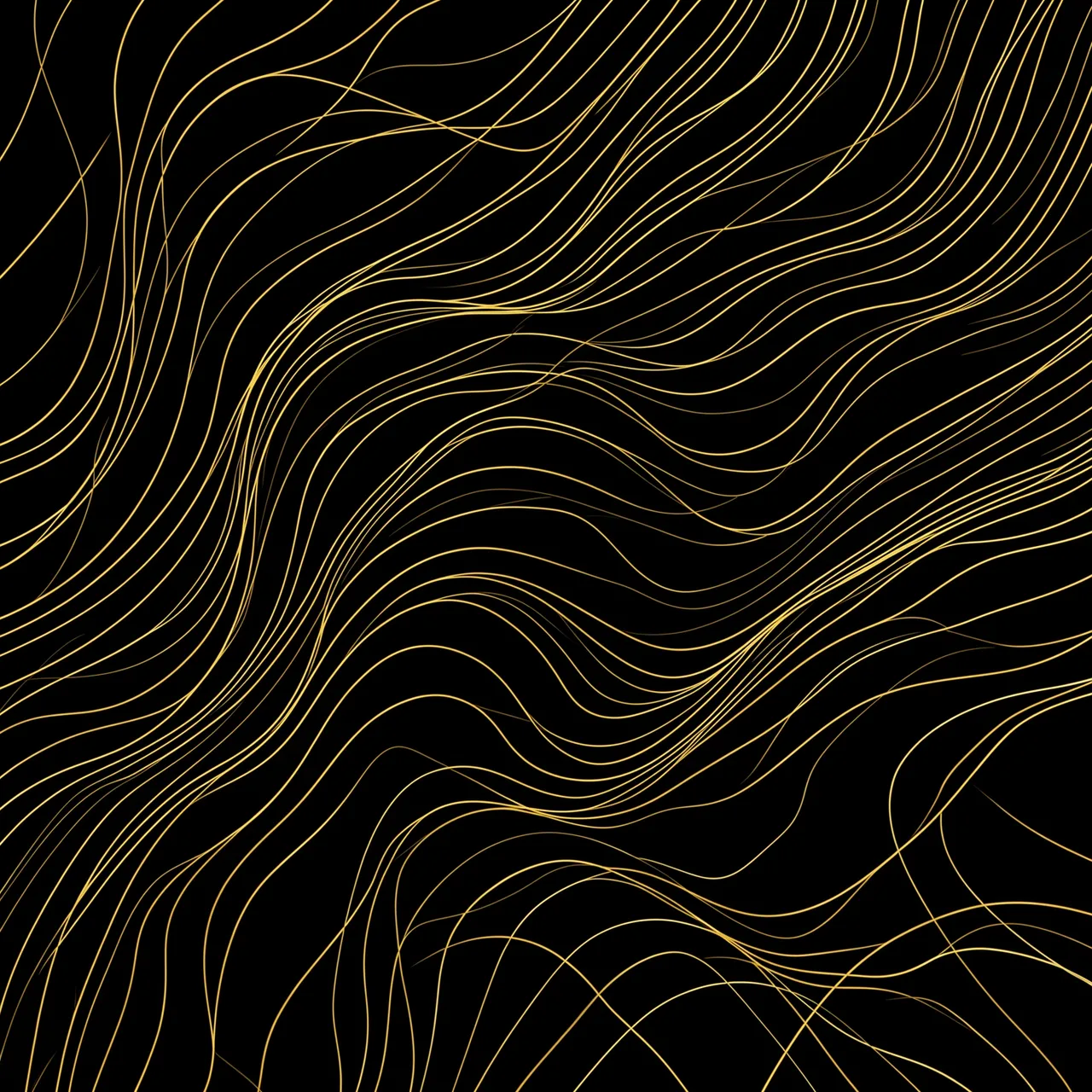 Thin wavy gold lines flow and ripple across a solid deep black background