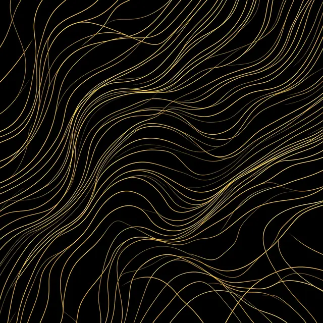 Thin wavy gold lines flow and ripple across a solid deep black background