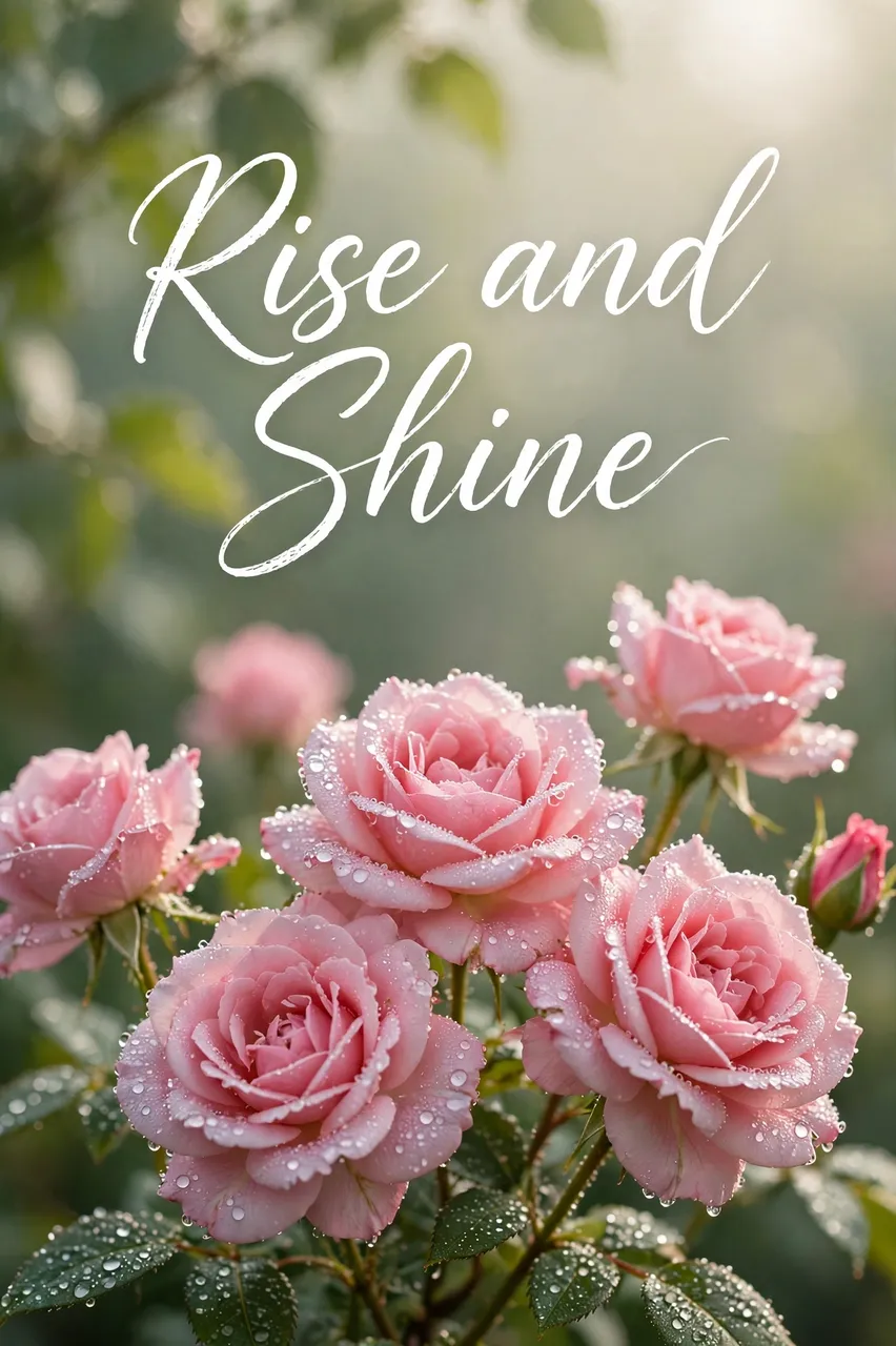 "Rise and Shine" white script lettering above dewy pink roses in soft morning light.