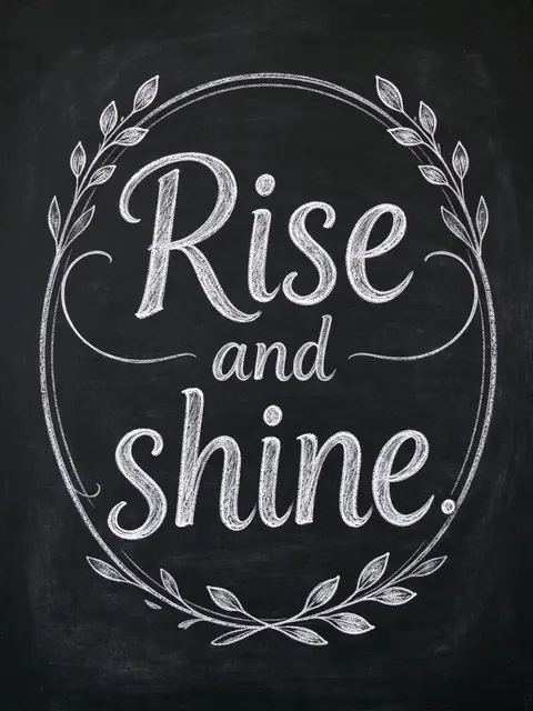 Chalk lettering reading "Rise and shine." surrounded by decorative flourishes on a black chalkboard