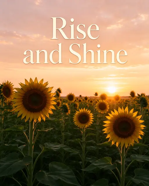 The text "Rise and Shine" in warm white serif type overlays a sunflower field at golden sunrise