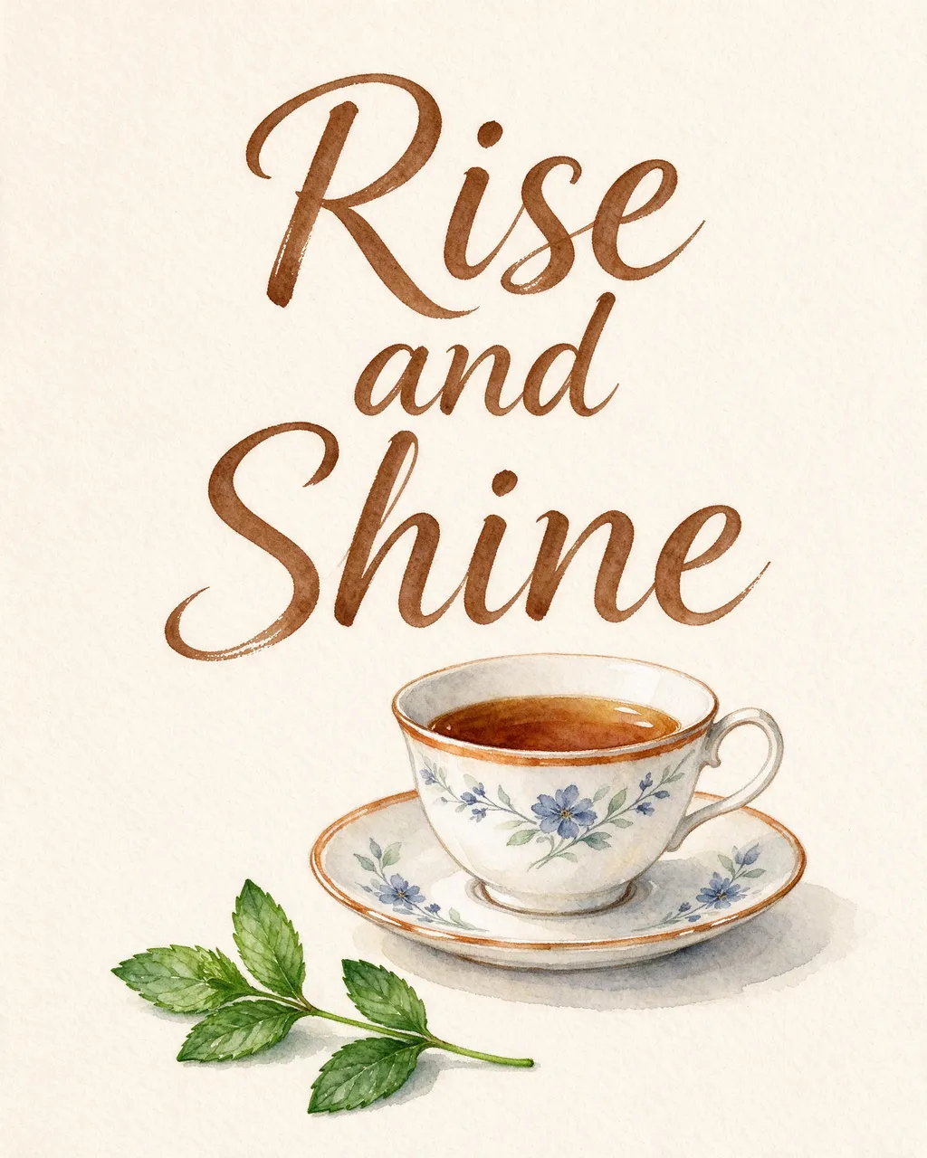 Watercolor illustration with brown brush script text "Rise and Shine" above a floral teacup, saucer, and mint sprig on cream