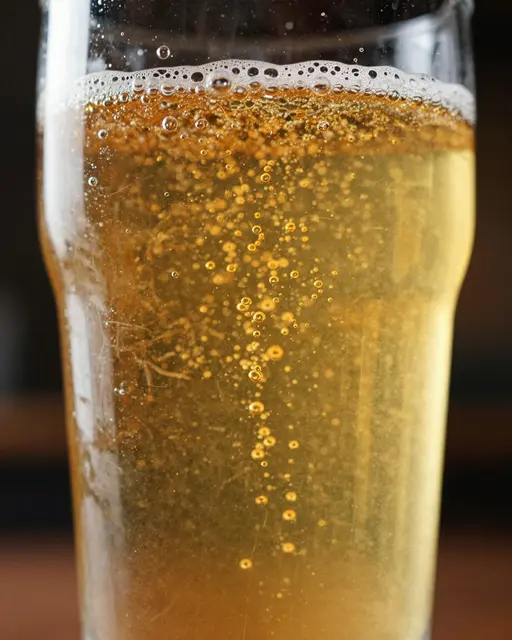 Close up macro shot of tiny bubbles rising through a glass of golden lager with a thin foamy head