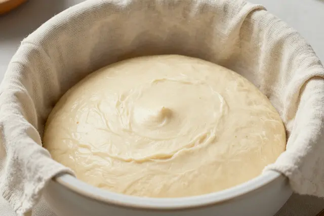 Proofed bread dough rests in a ceramic bowl lined with linen cloth on a countertop
