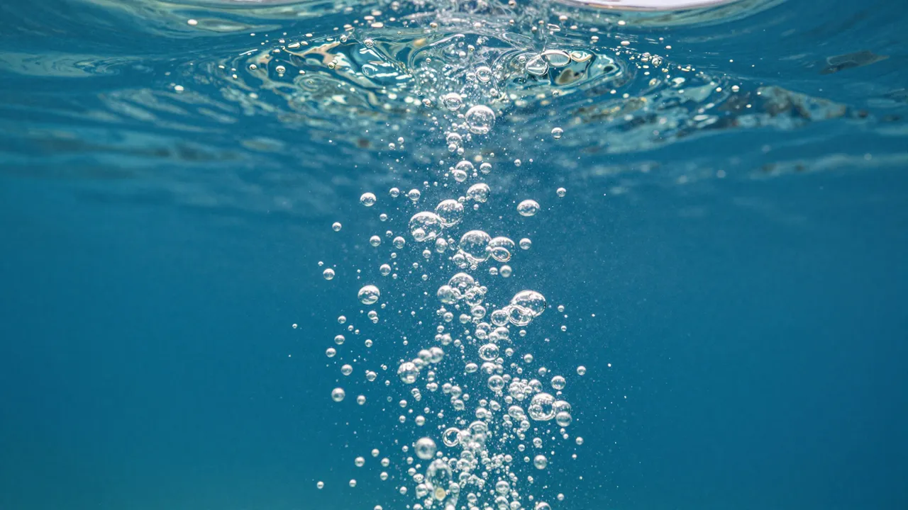 Underwater view of a stream of rising air bubbles moving toward the rippled water surface in bright blue water