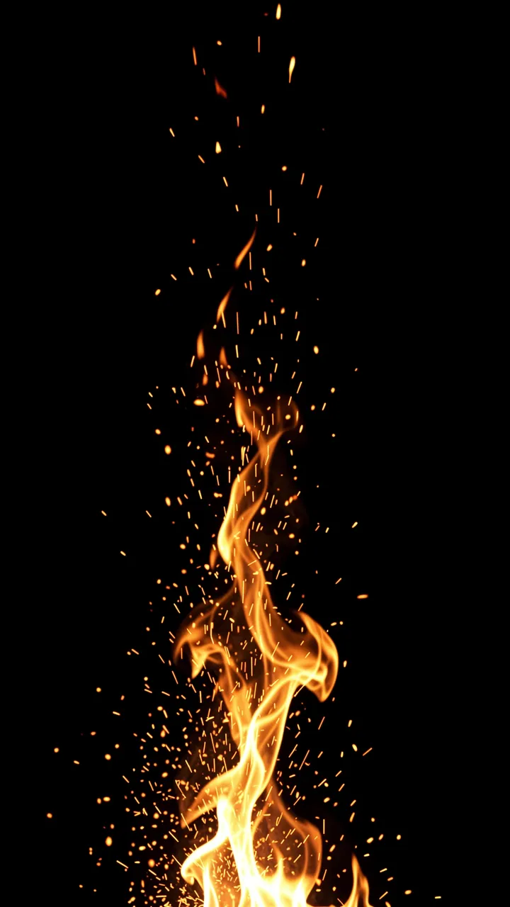 Glowing swirling fire and rising embers against a solid pure black background
