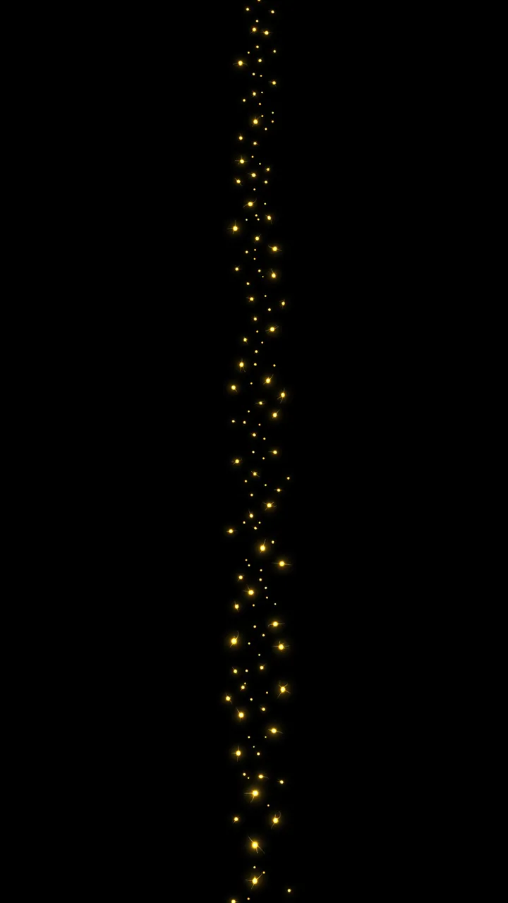 A vertical trail of tiny glowing golden lights rises gently against a solid pure black background