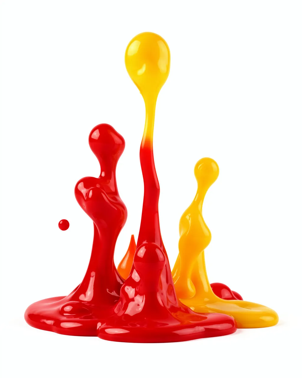 Glossy red and yellow molten wax blobs rise and splash against a plain white background