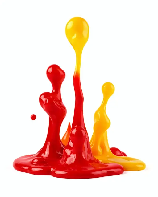Glossy red and yellow molten wax blobs rise and splash against a plain white background