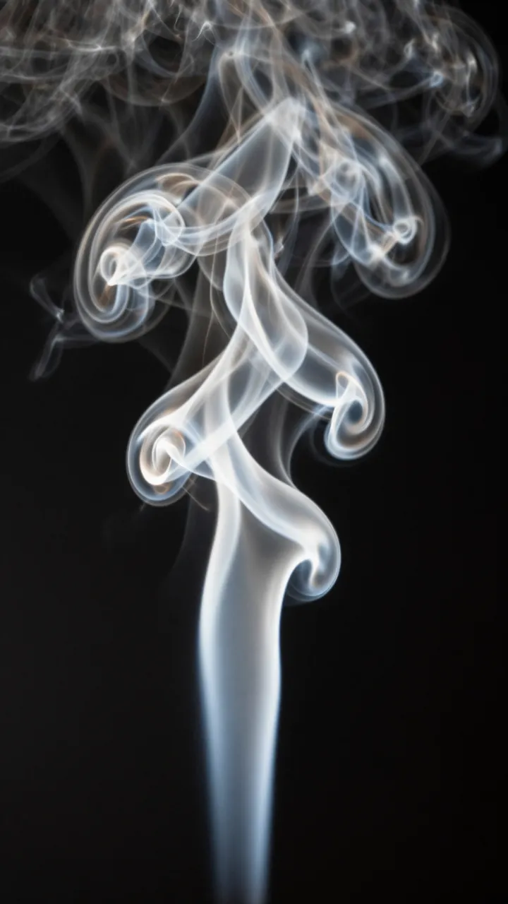 Backlit swirling white smoke rises in delicate folded silky layers against a solid black background