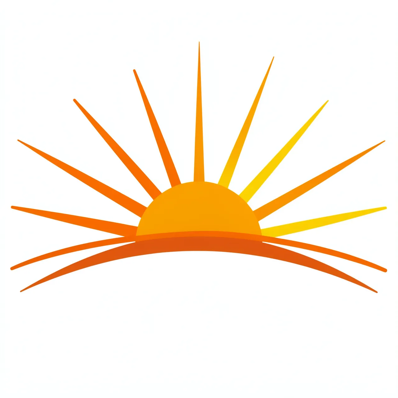 Flat illustration of a half sun rising above a curved horizon with orange and yellow rays on a white background