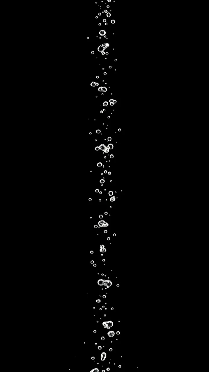 Streams of varying-sized translucent air bubbles rise upward against a solid pure black background