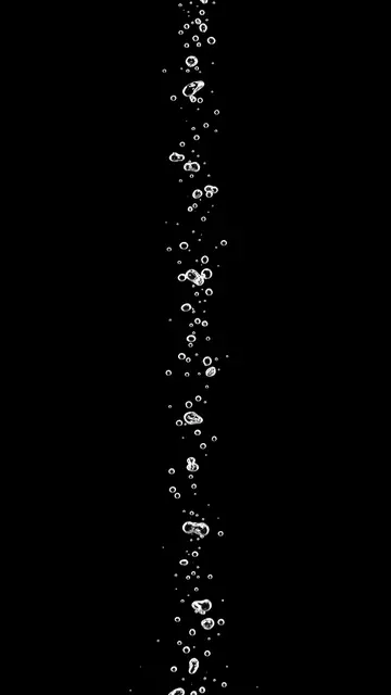 Streams of varying-sized translucent air bubbles rise upward against a solid pure black background