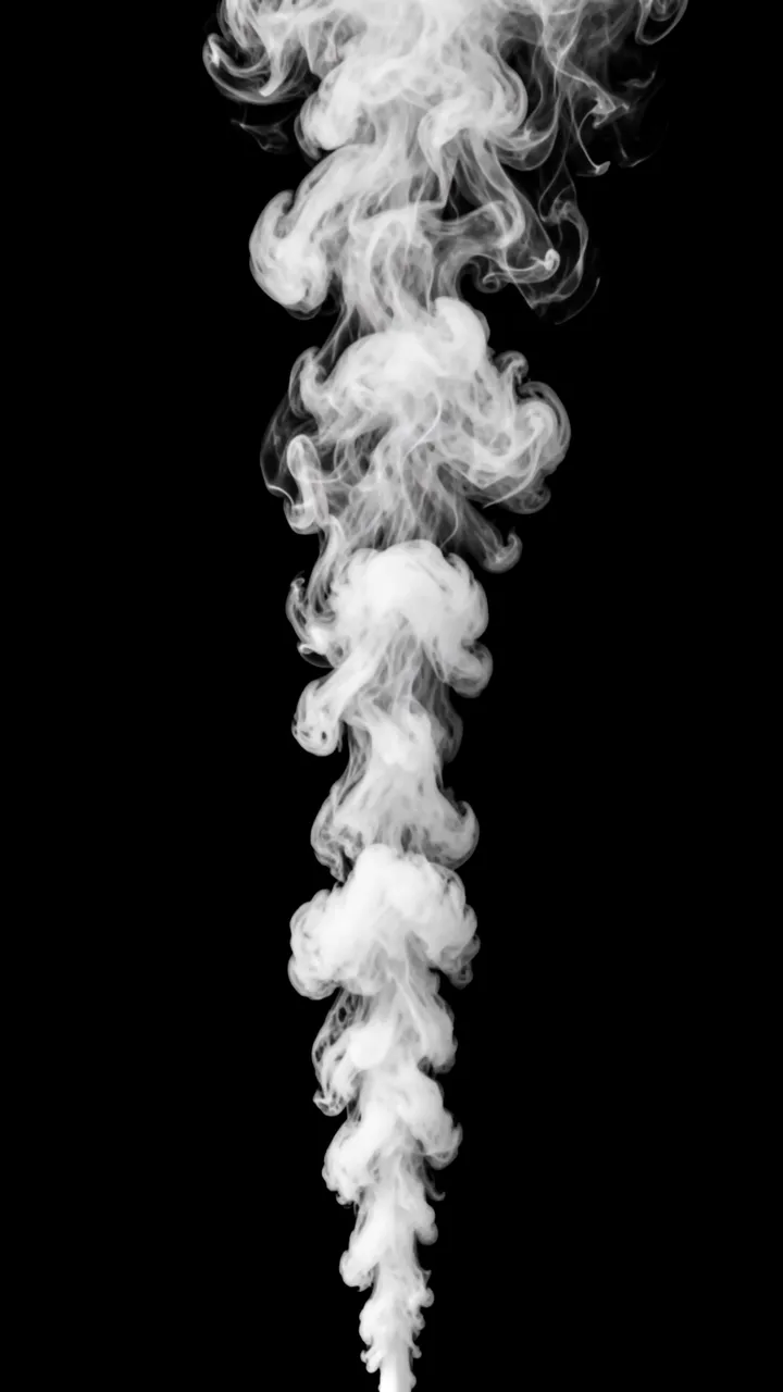 A vertical column of swirling white smoke rises and dissolves against a solid pure black background