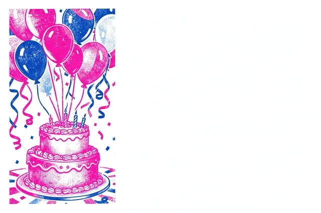 Risograph print of a two-tiered birthday cake, balloons and streamers along the left edge with blank white space on the right