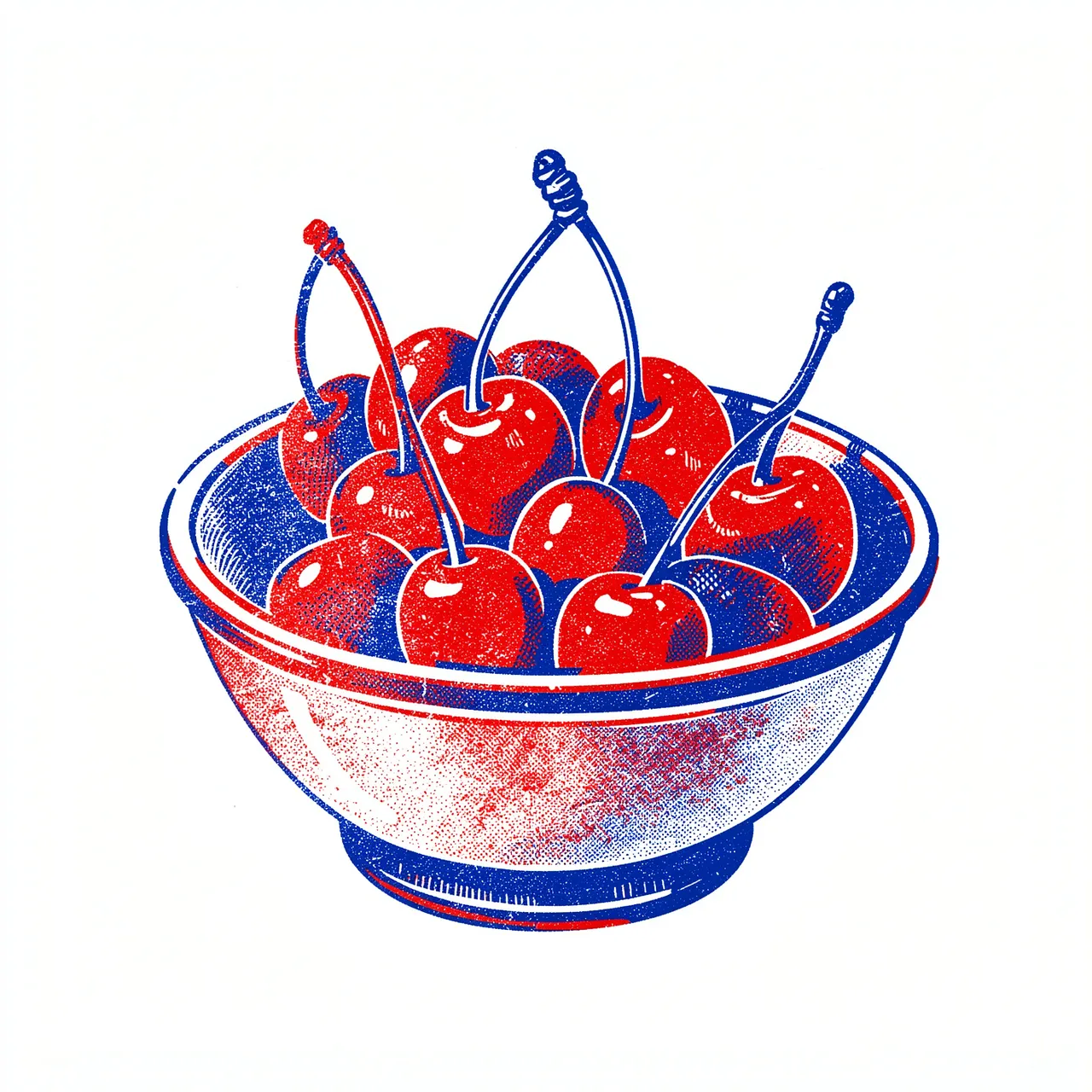 A risograph print illustration of a bowl of ripe red cherries printed with red and blue grainy ink on a white background