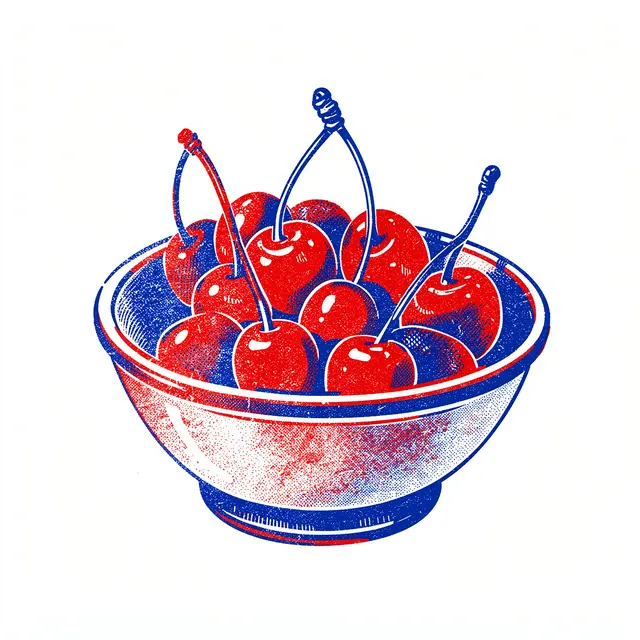A risograph print illustration of a bowl of ripe red cherries printed with red and blue grainy ink on a white background