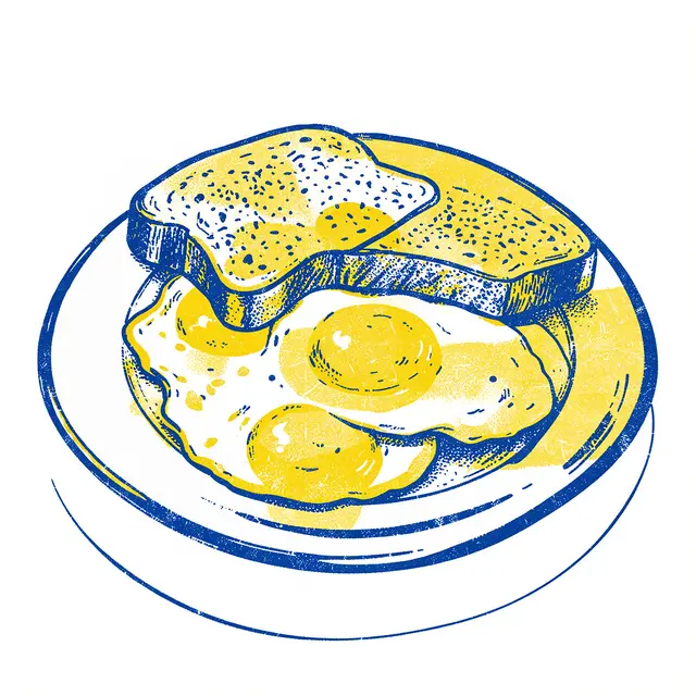 Risograph style illustration of a plate with fried eggs and toast in yellow and blue inks with grainy texture