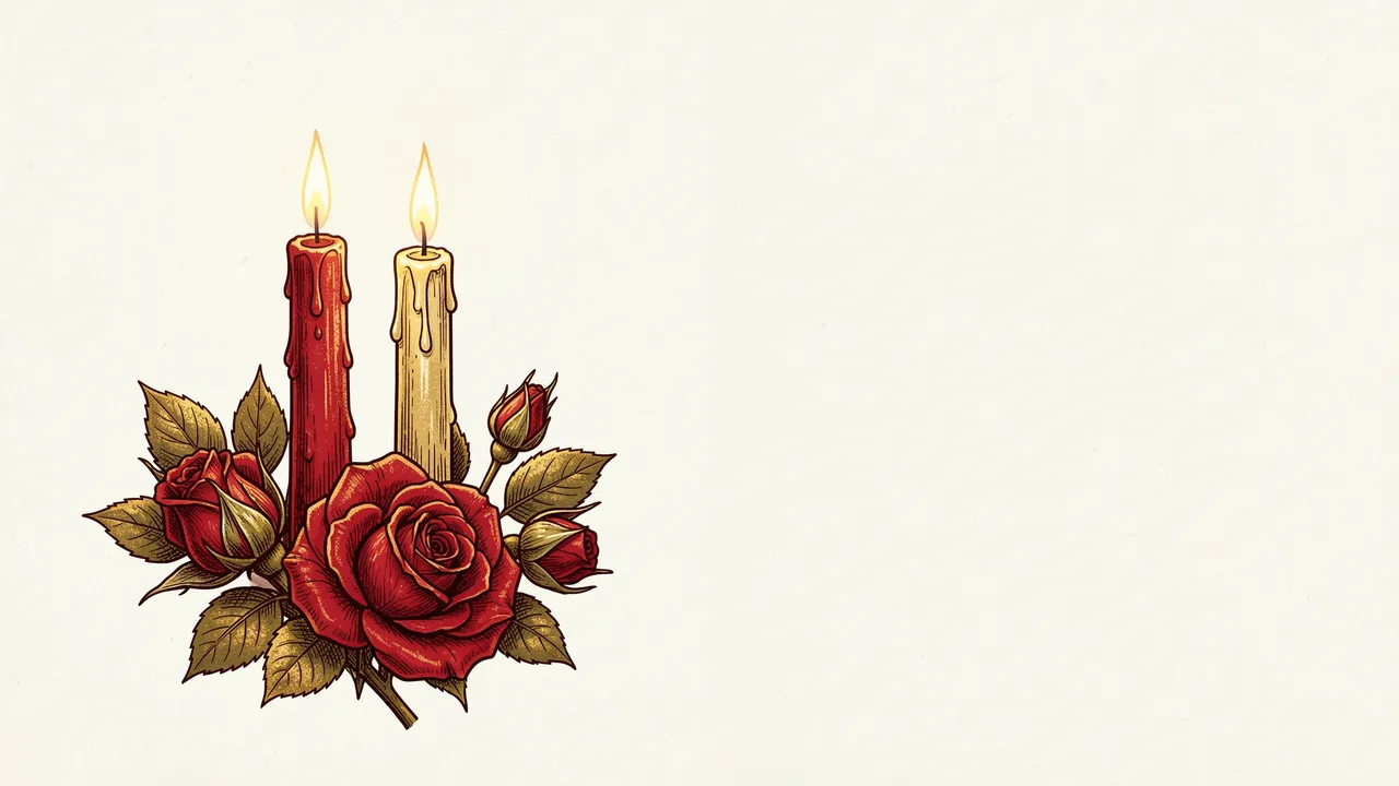 Two lit candles and red rose sprigs sit on the left of a pale empty copy space background in red and gold risograph style