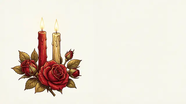 Two lit candles and red rose sprigs sit on the left of a pale empty copy space background in red and gold risograph style