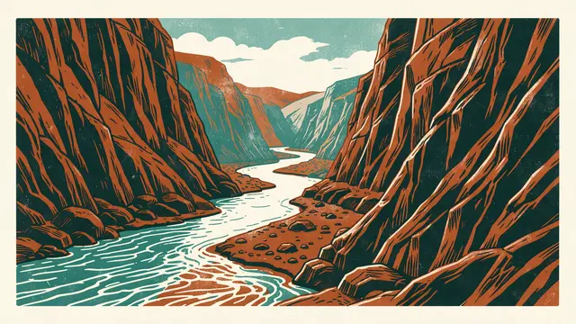 A risograph print shows a winding river cutting through steep rust-colored canyon walls under a teal sky
