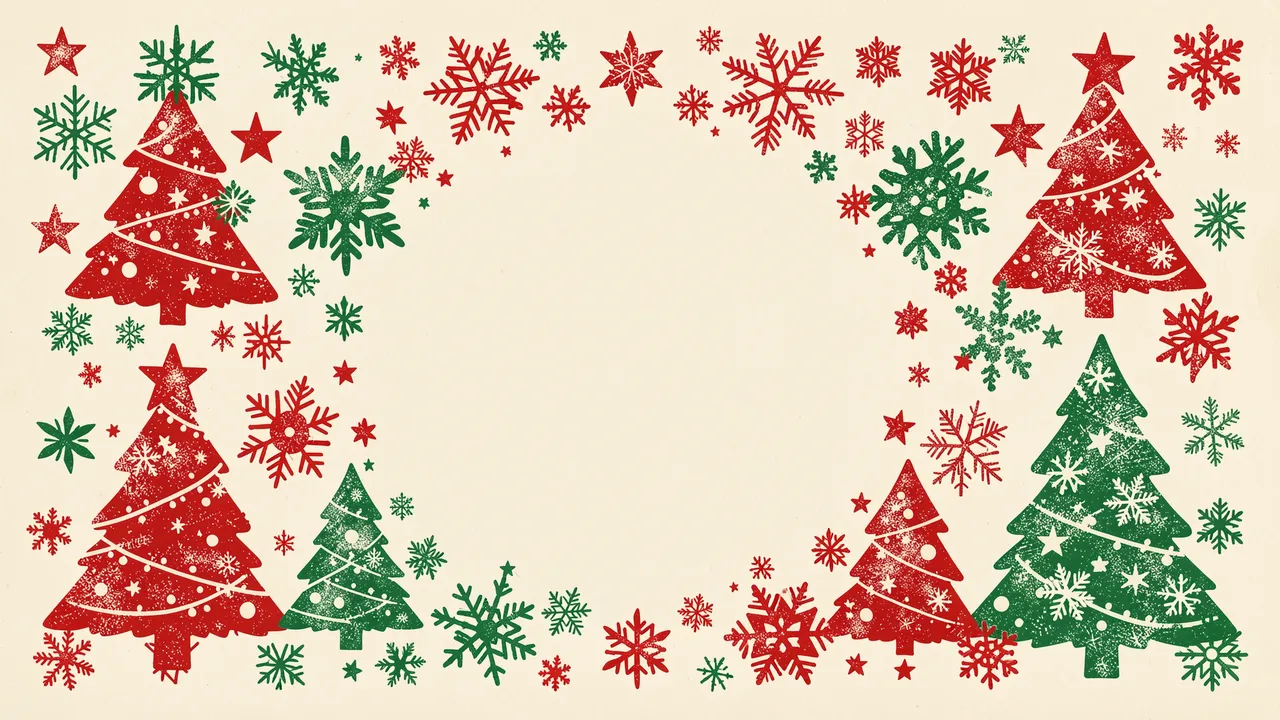 Risograph printed Christmas border with trees, stars and snowflakes framing an empty cream center.