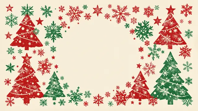 Risograph printed Christmas border with trees, stars and snowflakes framing an empty cream center.