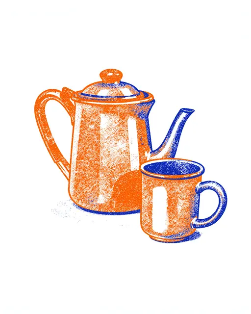 Grainy risograph illustration of an enamel coffee pot and one mug in orange and blue ink against a plain white background