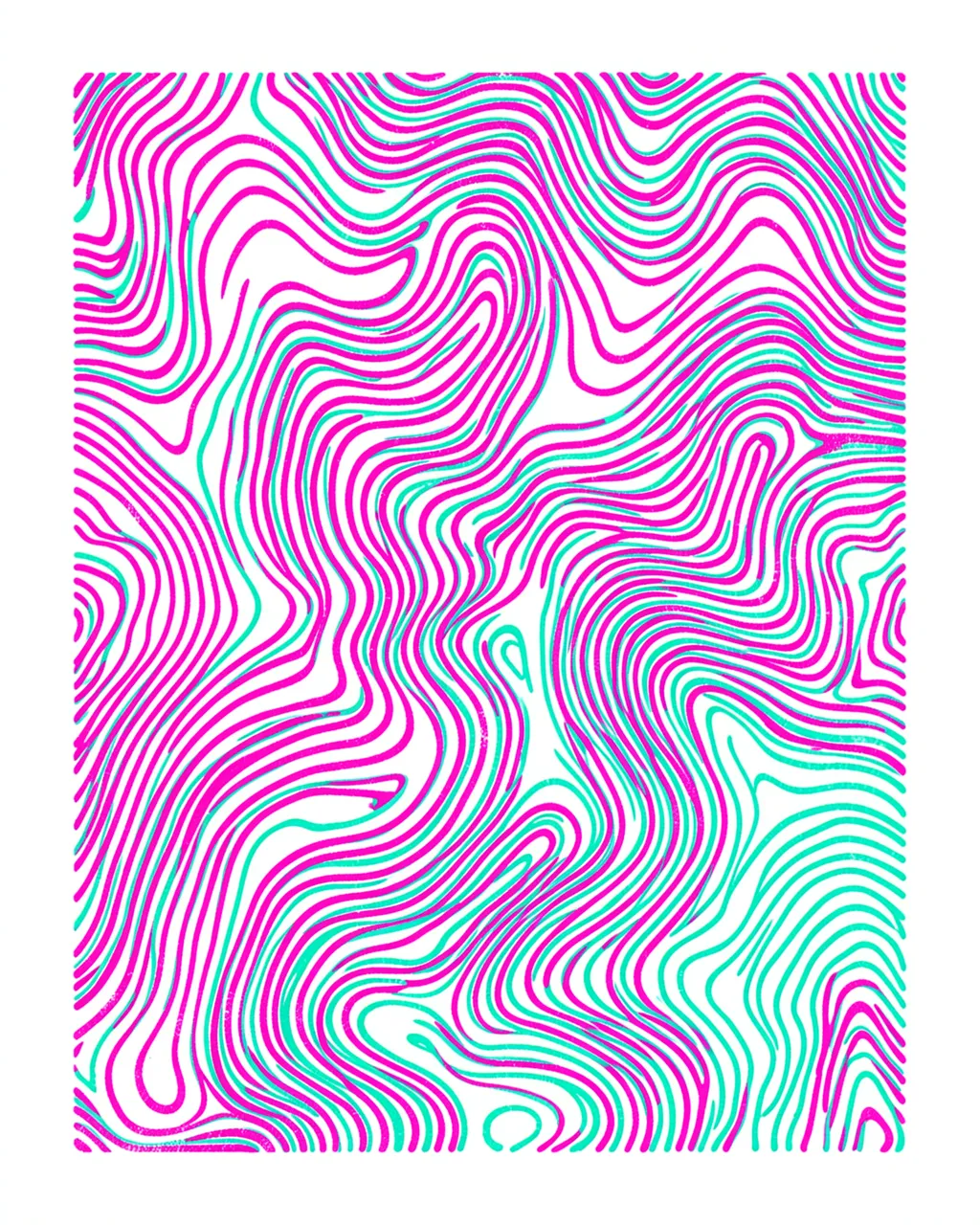 Off-register wavy topographic contour lines in fluorescent pink and teal risograph ink on a white background