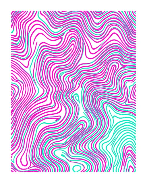 Off-register wavy topographic contour lines in fluorescent pink and teal risograph ink on a white background