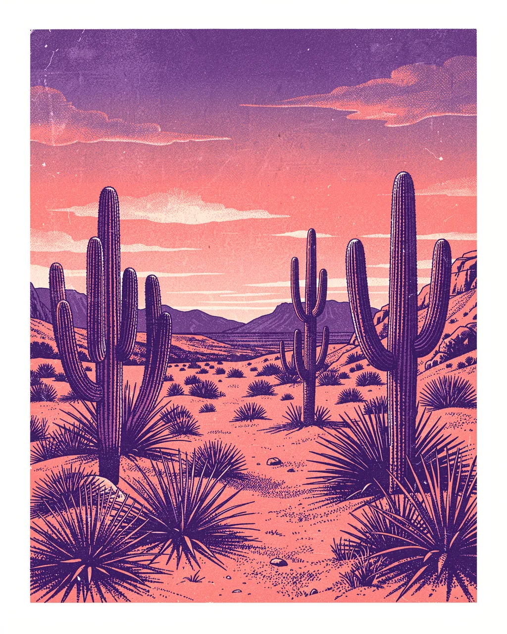 Risograph print of a desert at dusk with saguaro cacti under a purple to coral gradient sky