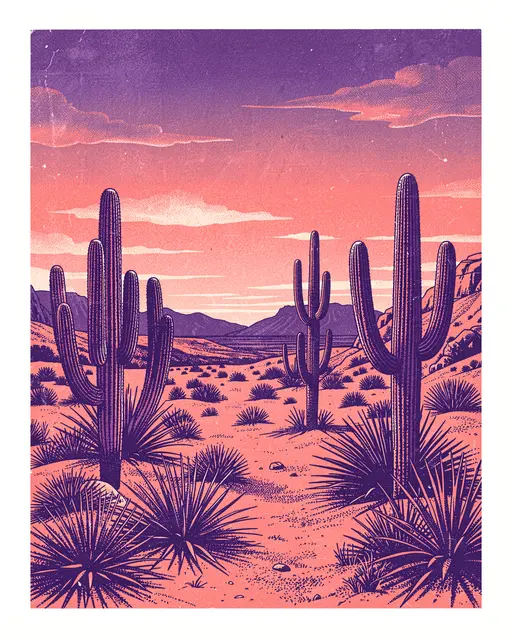 Risograph print of a desert at dusk with saguaro cacti under a purple to coral gradient sky