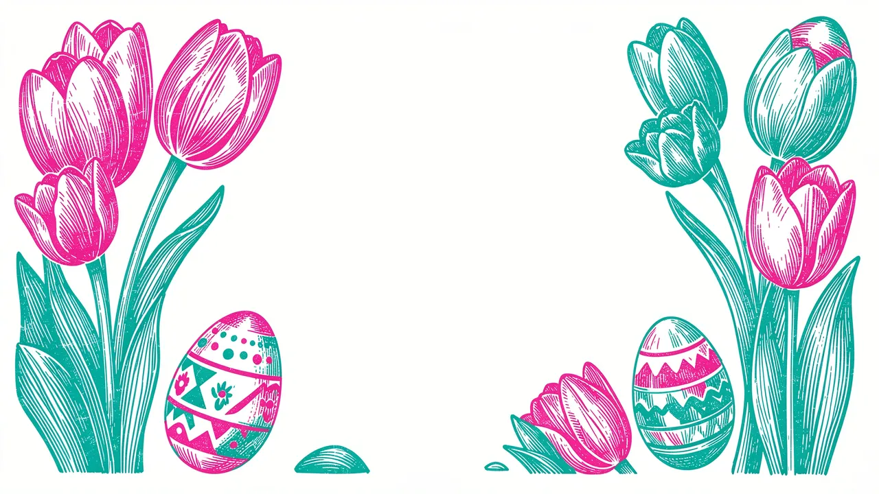 Risograph print border of pink and teal tulips and decorated Easter eggs framing empty central white space