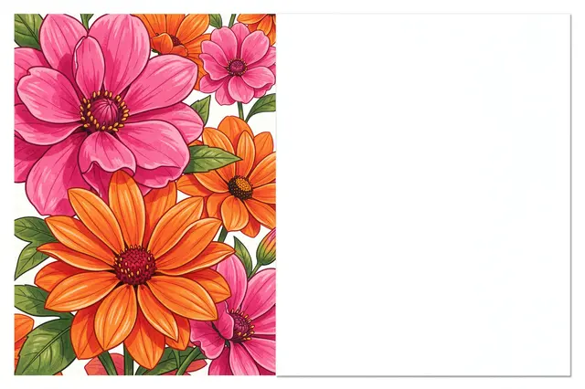 Bold pink and orange illustrated flowers sit on the left half of a blank white background panel.