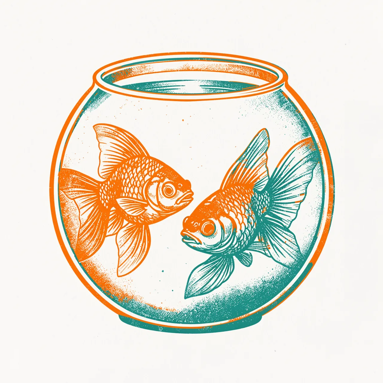 Two goldfish swim inside a round glass fish bowl printed in orange and teal risograph ink on an off-white background.