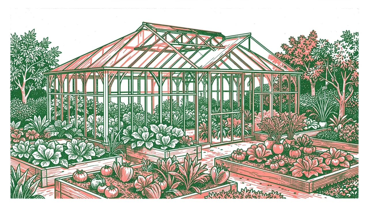 Two-tone green and coral risograph illustration of a glass greenhouse surrounded by vegetable garden beds